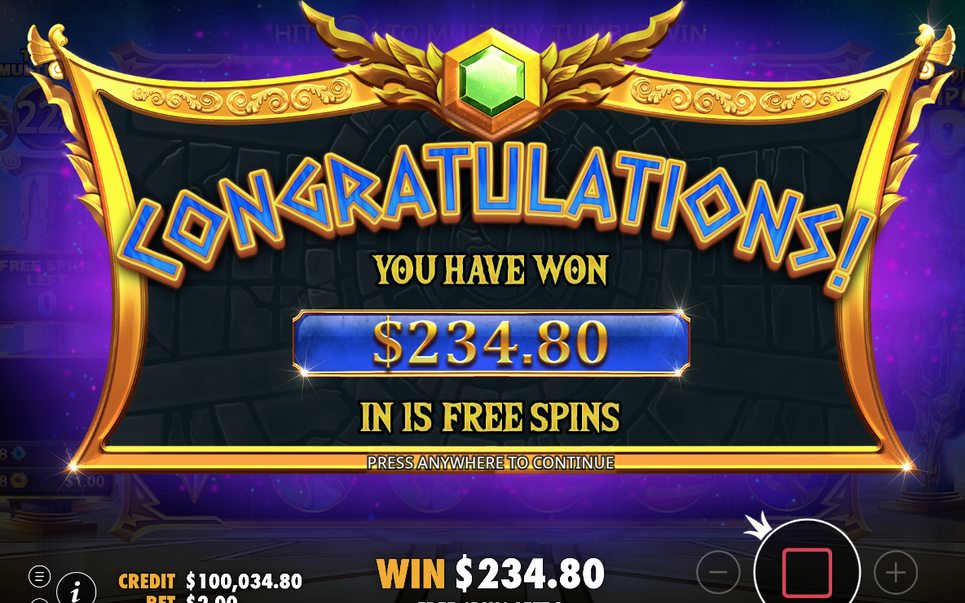 Win screen after a spin with Tumble wins